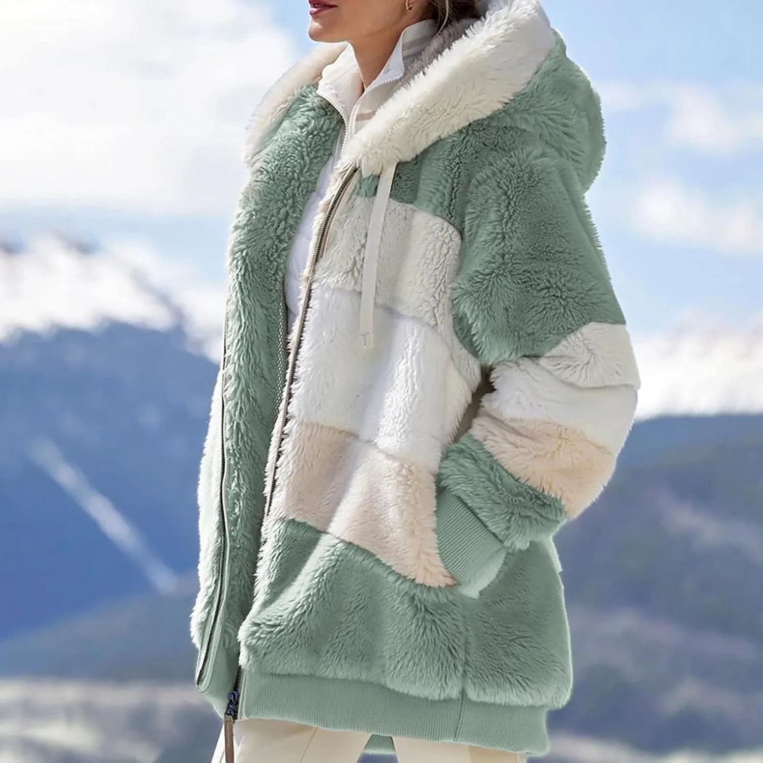 Womens 2024 Winter Fuzzy Fleece Jacket Hooded Color Block Patchwork Long Sleeve Cardigan Coats Outerwear with Pockets