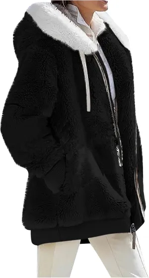 Womens 2024 Winter Fuzzy Fleece Jacket Hooded Color Block Patchwork Long Sleeve Cardigan Coats Outerwear with Pockets