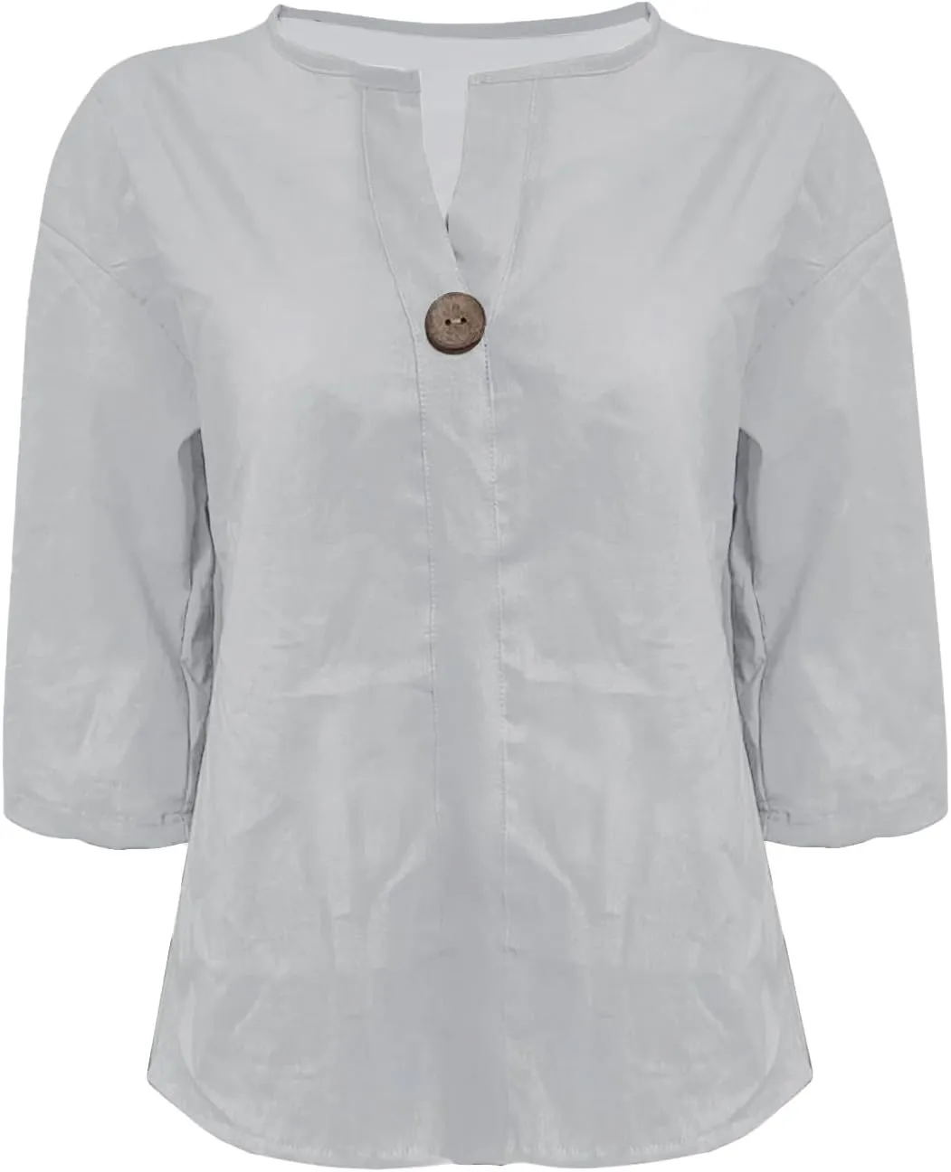 Womens 3/4 Sleeve Linen Tops Loose Casual Button Down V Neck Henley Shirts Summer Vacation Beach Work Dressy Blouses