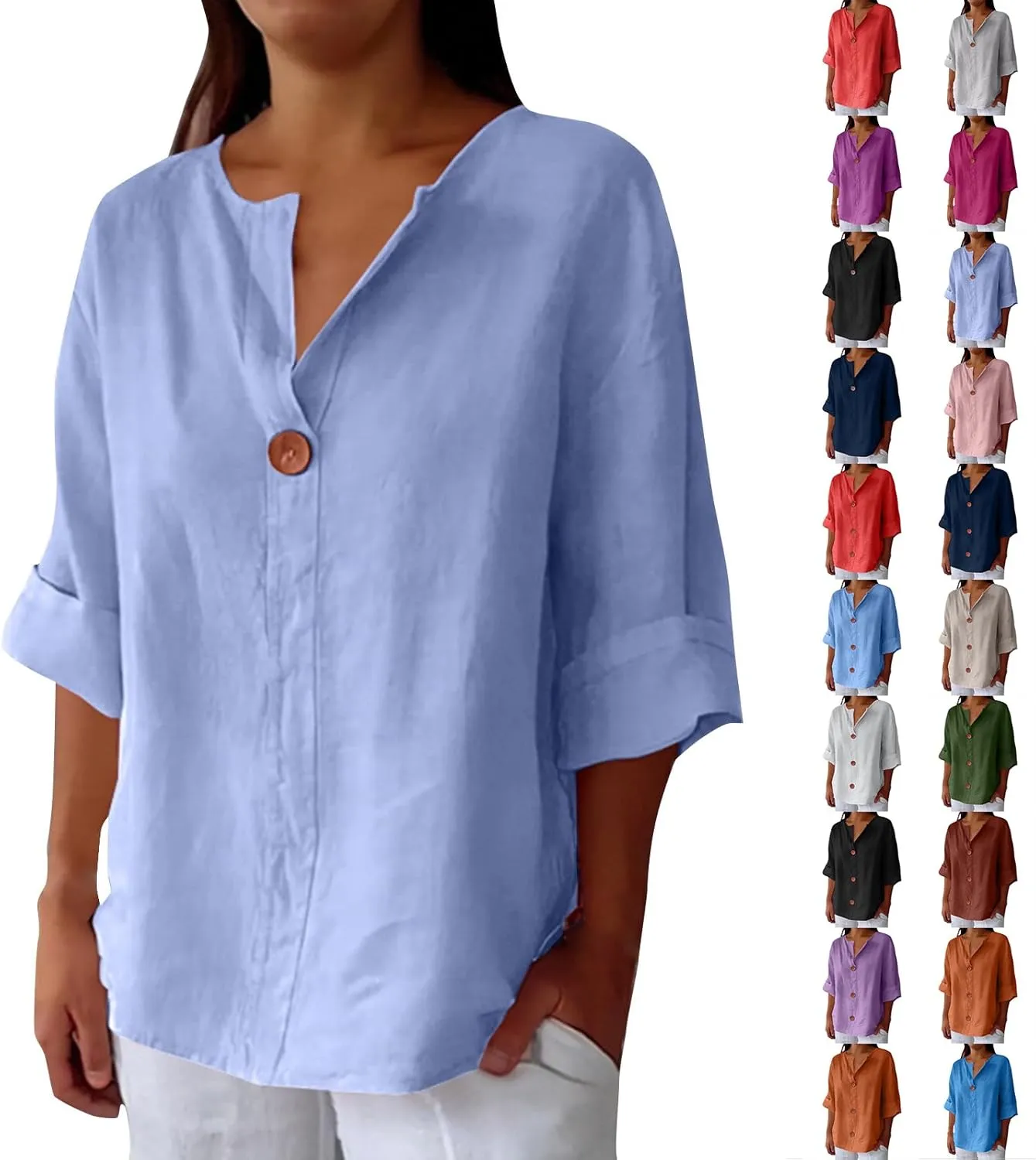 Womens 3/4 Sleeve Linen Tops Loose Casual Button Down V Neck Henley Shirts Summer Vacation Beach Work Dressy Blouses
