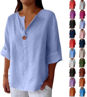 Womens 3/4 Sleeve Linen Tops Loose Casual Button Down V Neck Henley Shirts Summer Vacation Beach Work Dressy Blouses