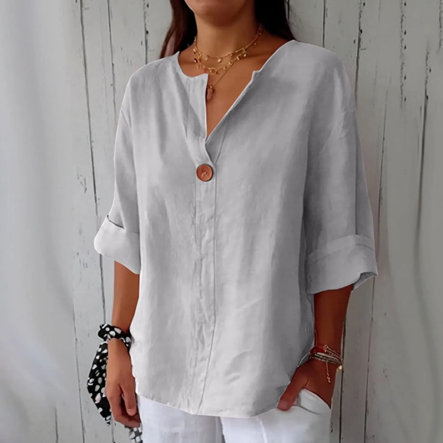 Womens 3/4 Sleeve Linen Tops Loose Casual Button Down V Neck Henley Shirts Summer Vacation Beach Work Dressy Blouses