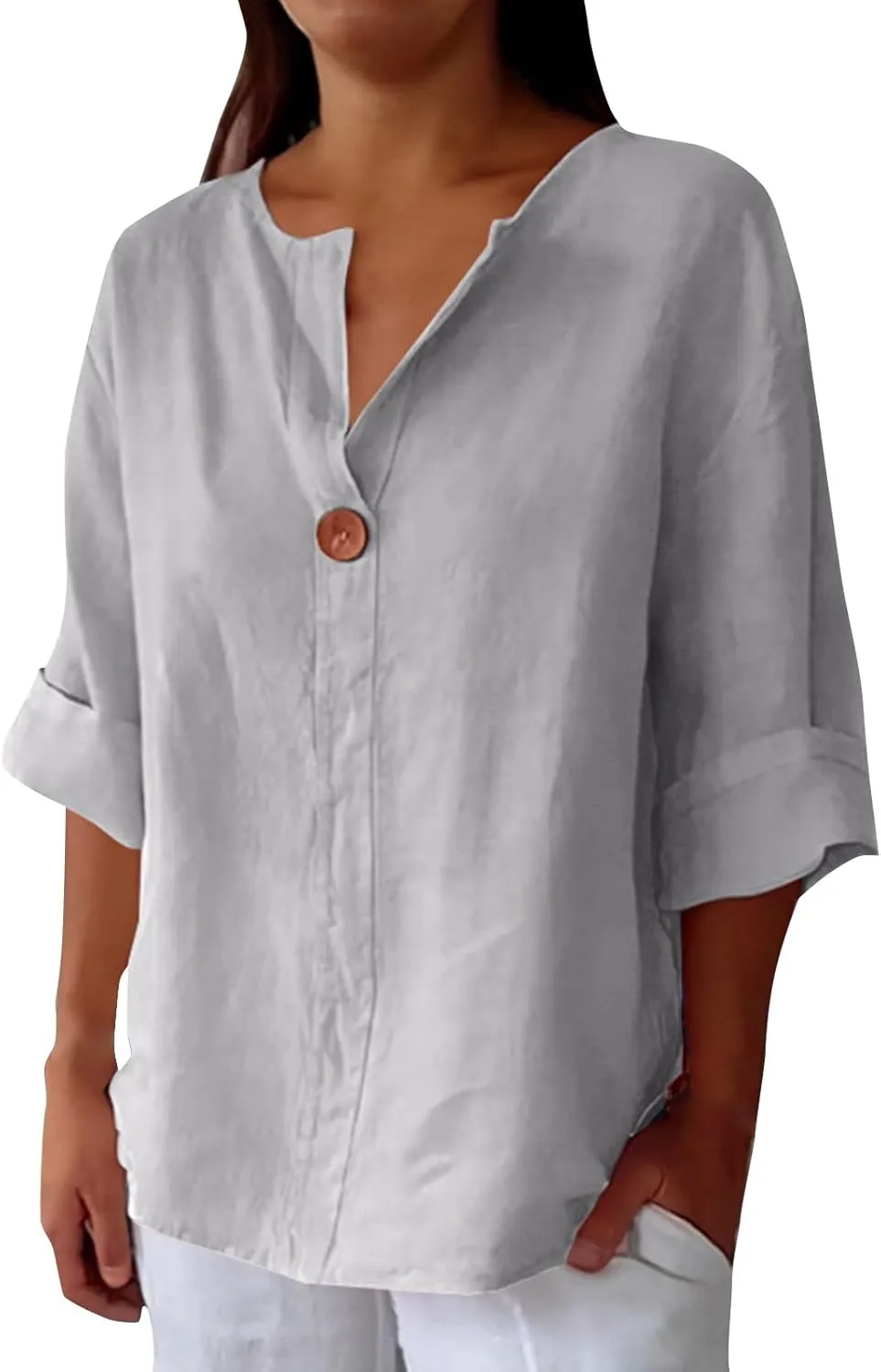 Womens 3/4 Sleeve Linen Tops Loose Casual Button Down V Neck Henley Shirts Summer Vacation Beach Work Dressy Blouses