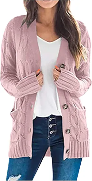 Womens Cable Knit Cotton Cardigan Sweaters Button V Neck Open Front Midi Sweater Jacket Winter Chunky Sweater Coat