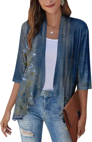 Womens Cardigan 2024 Lightweight Fall T Shirts Loose Fit Shawl Collar Blouse Coat 3/4 Sleeve Tie Dye Funny Tops