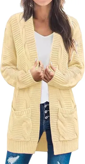 Womens Cardigan Sweaters Long Sleeve Cable Knit Cardigan Casual Button Open Front Jacket Fall Outwear Coat