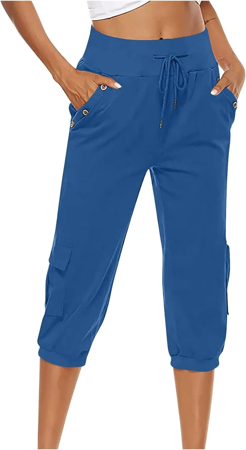 Womens Cargo Capri Pants Hiking Cropped Pants Lightweight Quick Dry Joggers Drawstring Elastic Waist Athletic Pant