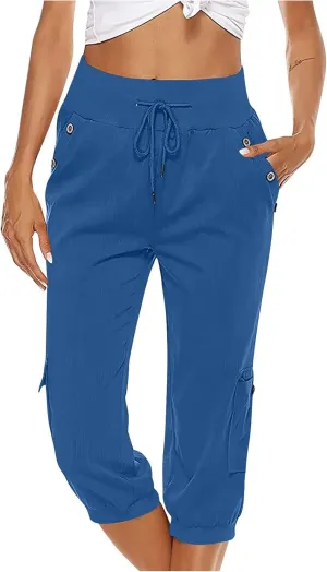 Womens Cargo Capri Pants Hiking Cropped Pants Lightweight Quick Dry Joggers Drawstring Elastic Waist Athletic Pant