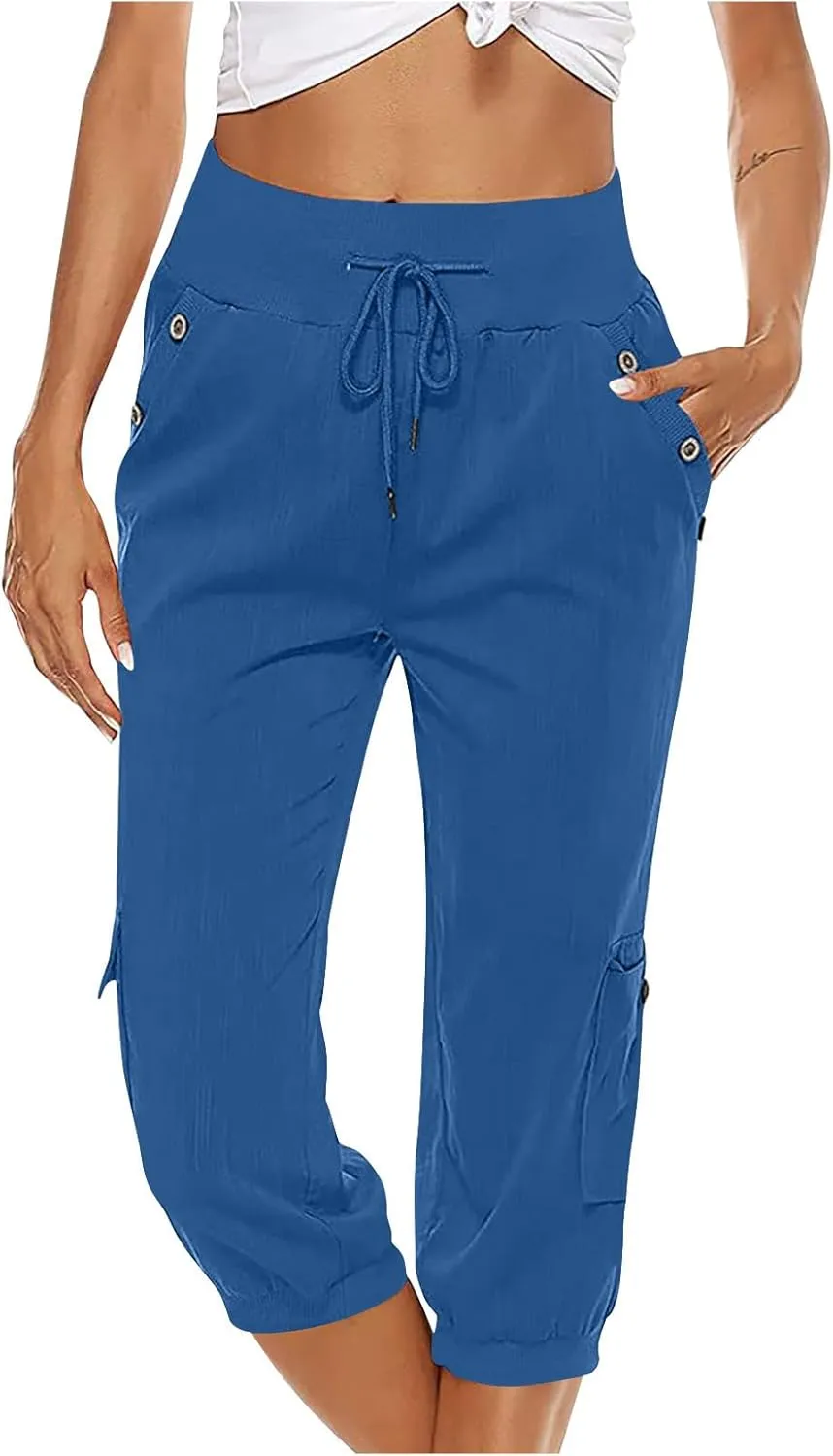 Womens Cargo Capri Pants Hiking Cropped Pants Lightweight Quick Dry Joggers Drawstring Elastic Waist Athletic Pant
