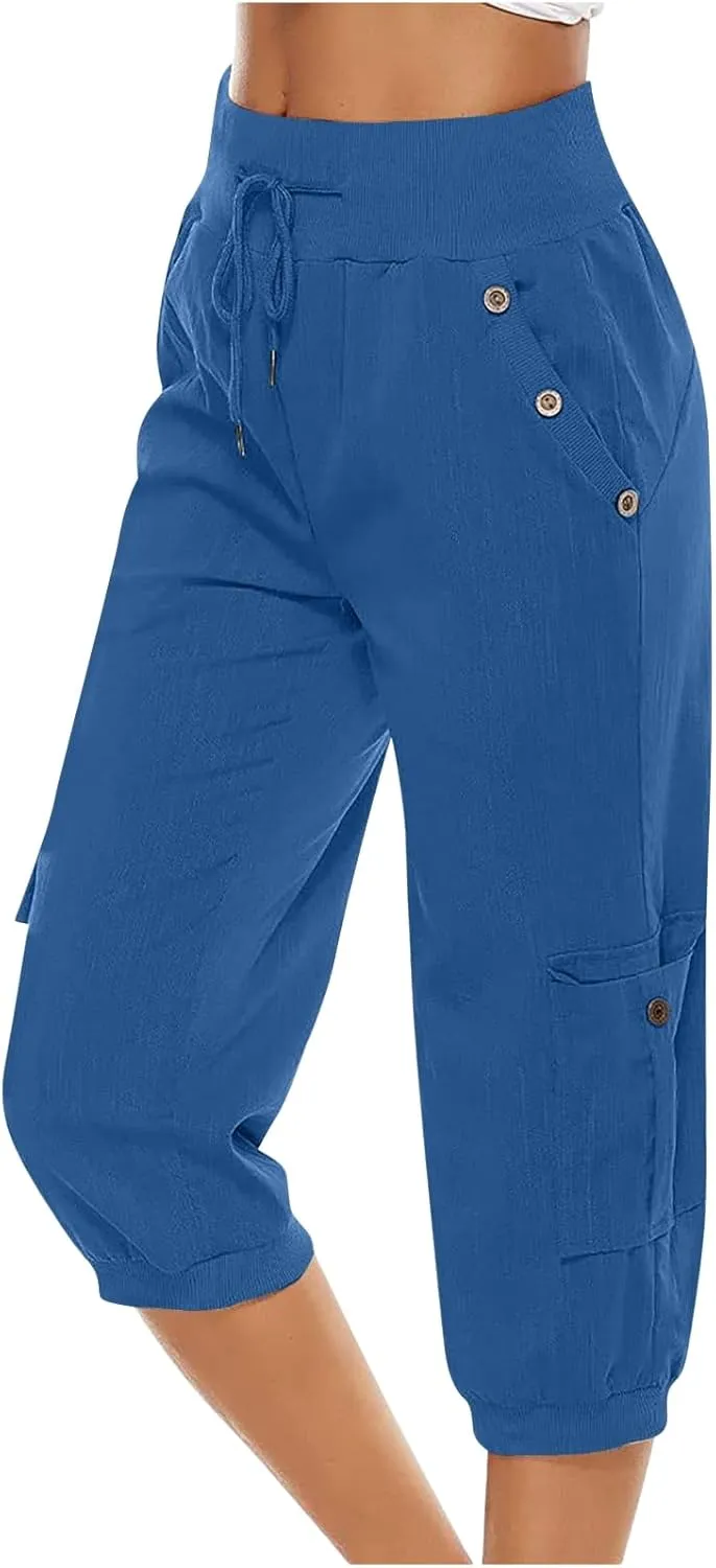 Womens Cargo Capri Pants Hiking Cropped Pants Lightweight Quick Dry Joggers Drawstring Elastic Waist Athletic Pant