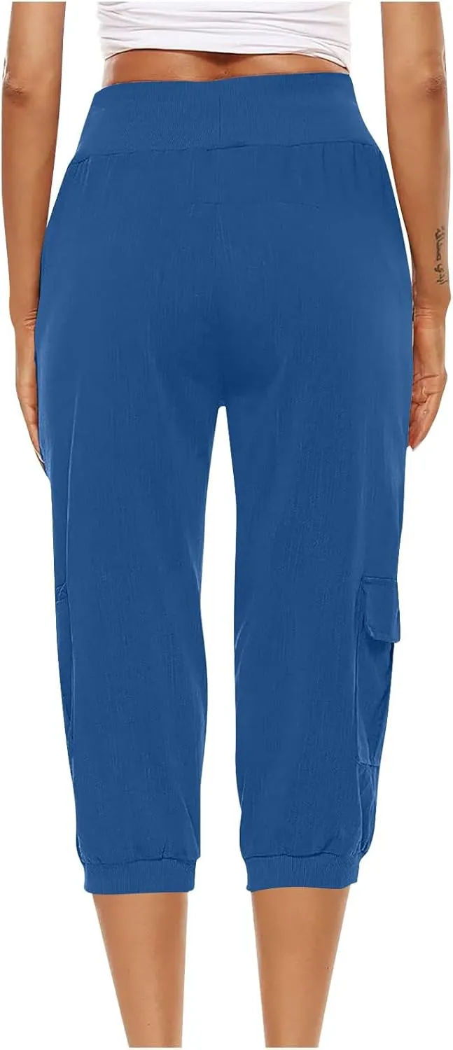 Womens Cargo Capri Pants Hiking Cropped Pants Lightweight Quick Dry Joggers Drawstring Elastic Waist Athletic Pant