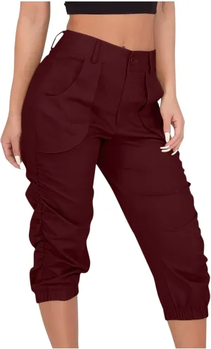 Womens Cargo Capris Pants Women Baggy Wide Leg High Waist Casual Pants Jean Stretch Outfits Plus Size