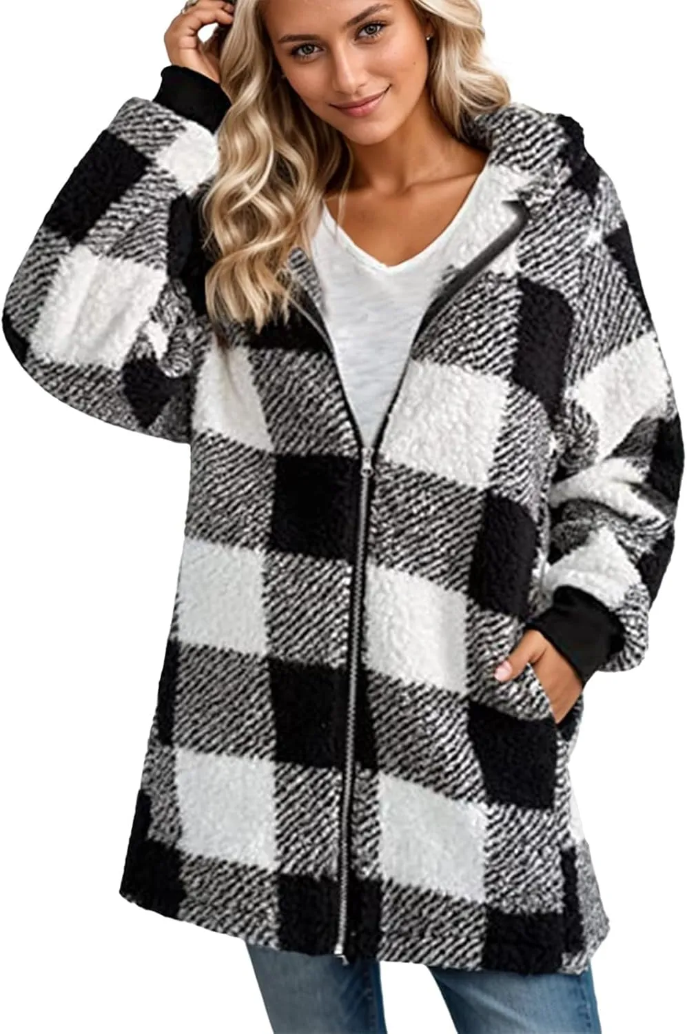 Women's Casual Cardigan Winter Coat Hooded Fleece Jacket Fuzzy Fleece Open Front Hooded Sweater with Pockets