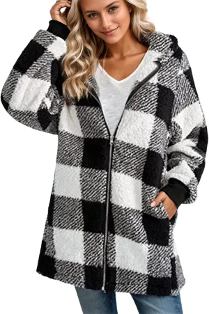 Women's Casual Cardigan Winter Coat Hooded Fleece Jacket Fuzzy Fleece Open Front Hooded Sweater with Pockets