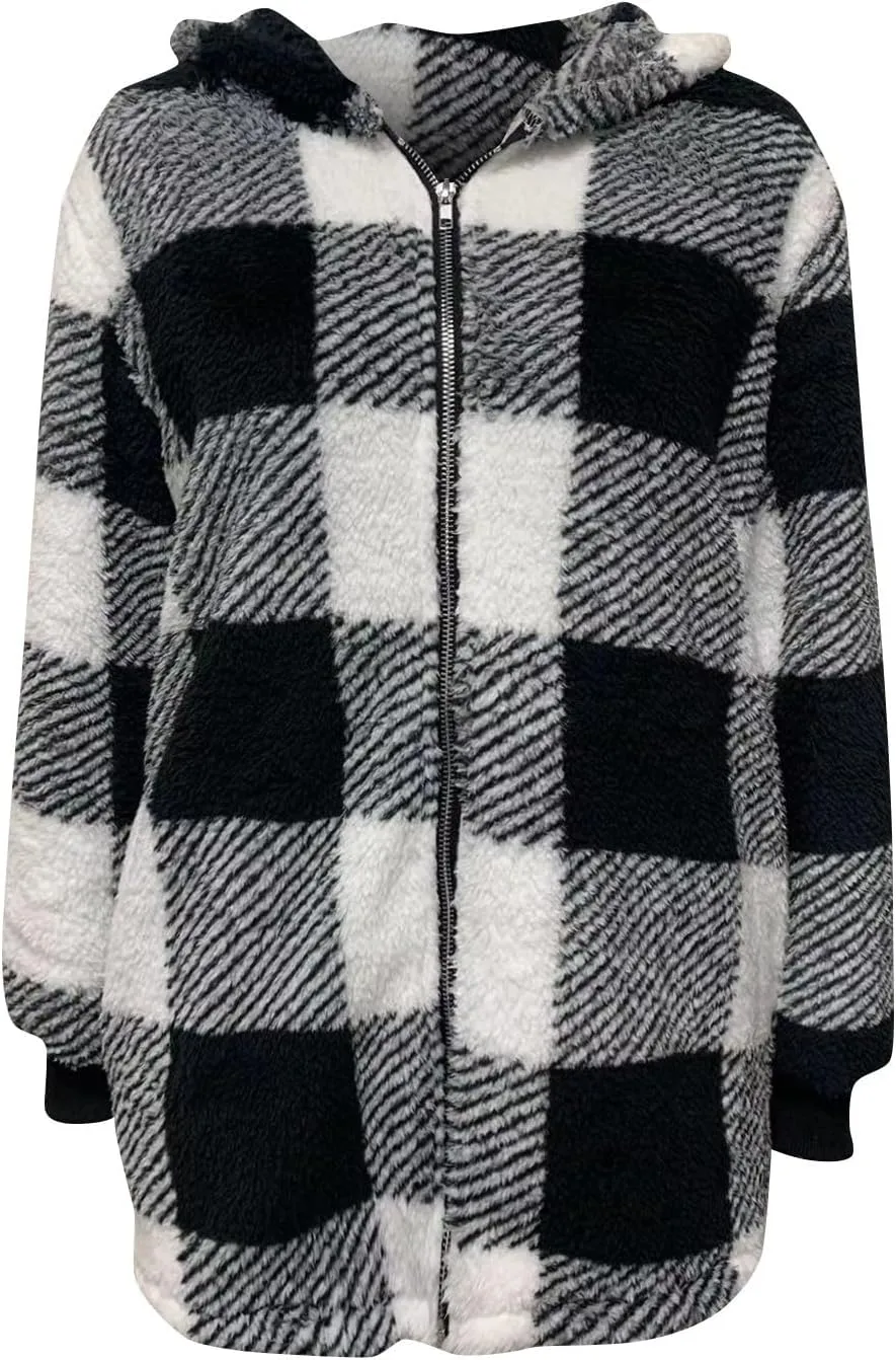 Women's Casual Cardigan Winter Coat Hooded Fleece Jacket Fuzzy Fleece Open Front Hooded Sweater with Pockets