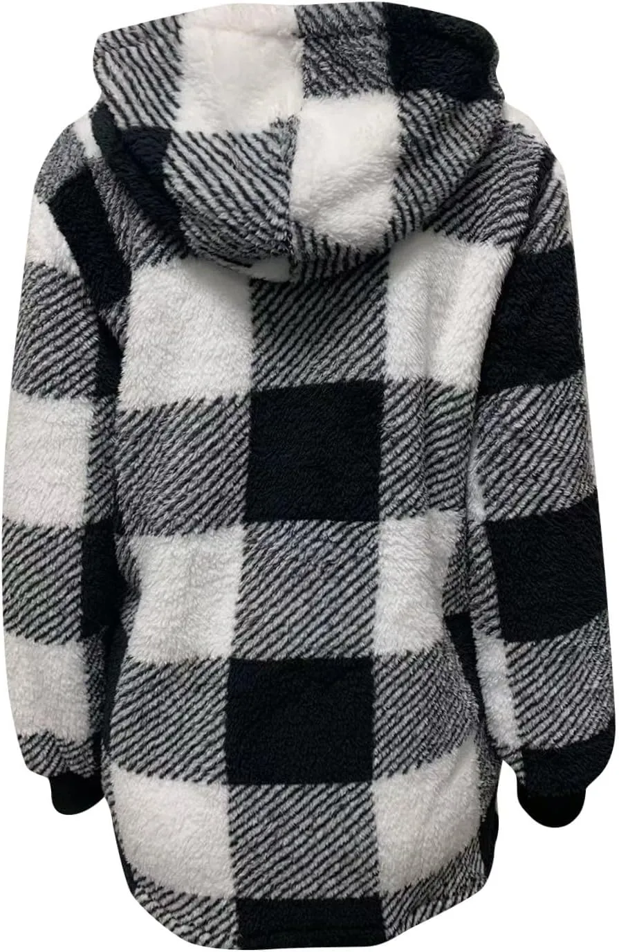 Women's Casual Cardigan Winter Coat Hooded Fleece Jacket Fuzzy Fleece Open Front Hooded Sweater with Pockets