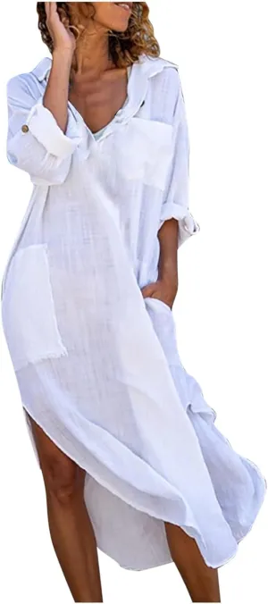 Womens Casual Dress Cotton Linen Long Dress Lapel Button Cuffed Roll Sleeve Side Split Cover Ups Dresses with Pockets