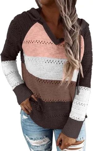 Womens Casual Hoodies Striped Color Block Sweatshirt Fall Sweater Long Sleeves Knit Tops
