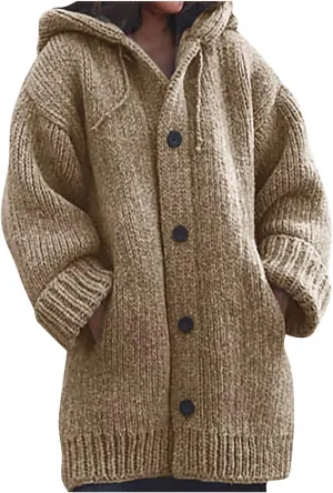 Women's Casual Long Sleeve Button Solid Color Loose Oversized Hooded Sweater Jacket with Pockets, S-5XL