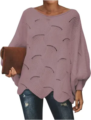 Women's Casual Trendy Loose Crew Neck Cutout Solid Cable Knit Sweater,S-5XL