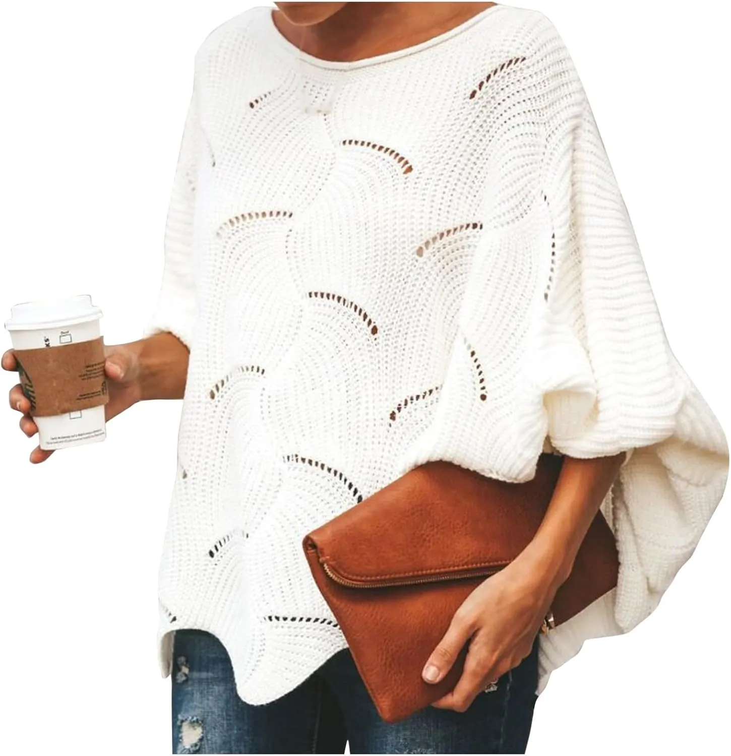 Women's Casual Trendy Loose Crew Neck Cutout Solid Cable Knit Sweater,S-5XL