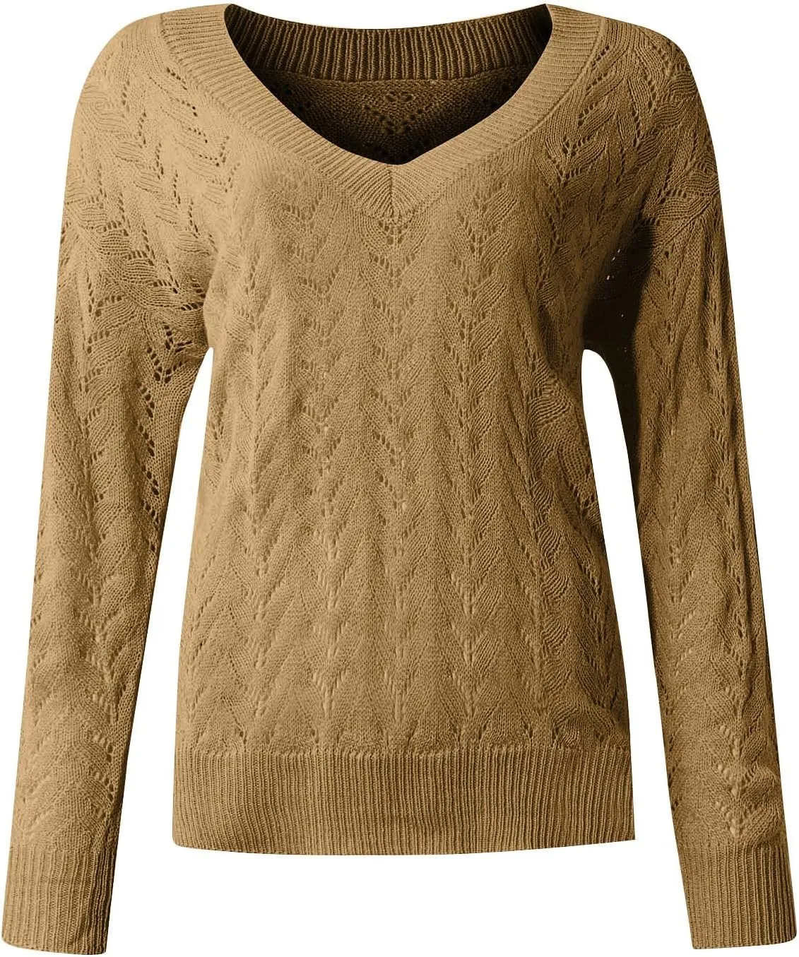 Women's Casual Trendy Solid Color V-Neck Cable Knit Hollow Out Sexy Sweater, S-3XL