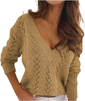 Women's Casual Trendy Solid Color V-Neck Cable Knit Hollow Out Sexy Sweater, S-3XL