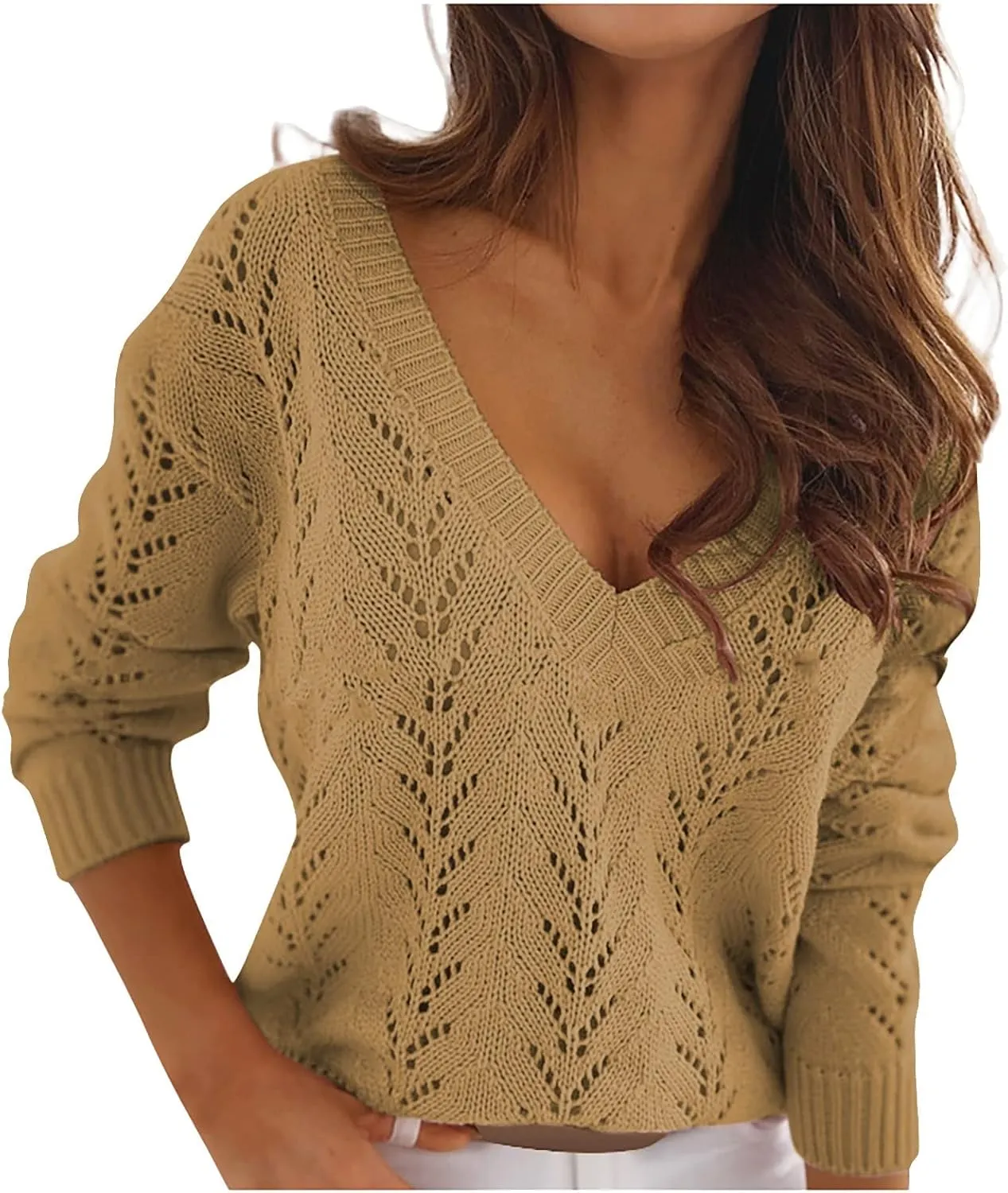 Women's Casual Trendy Solid Color V-Neck Cable Knit Hollow Out Sexy Sweater, S-3XL