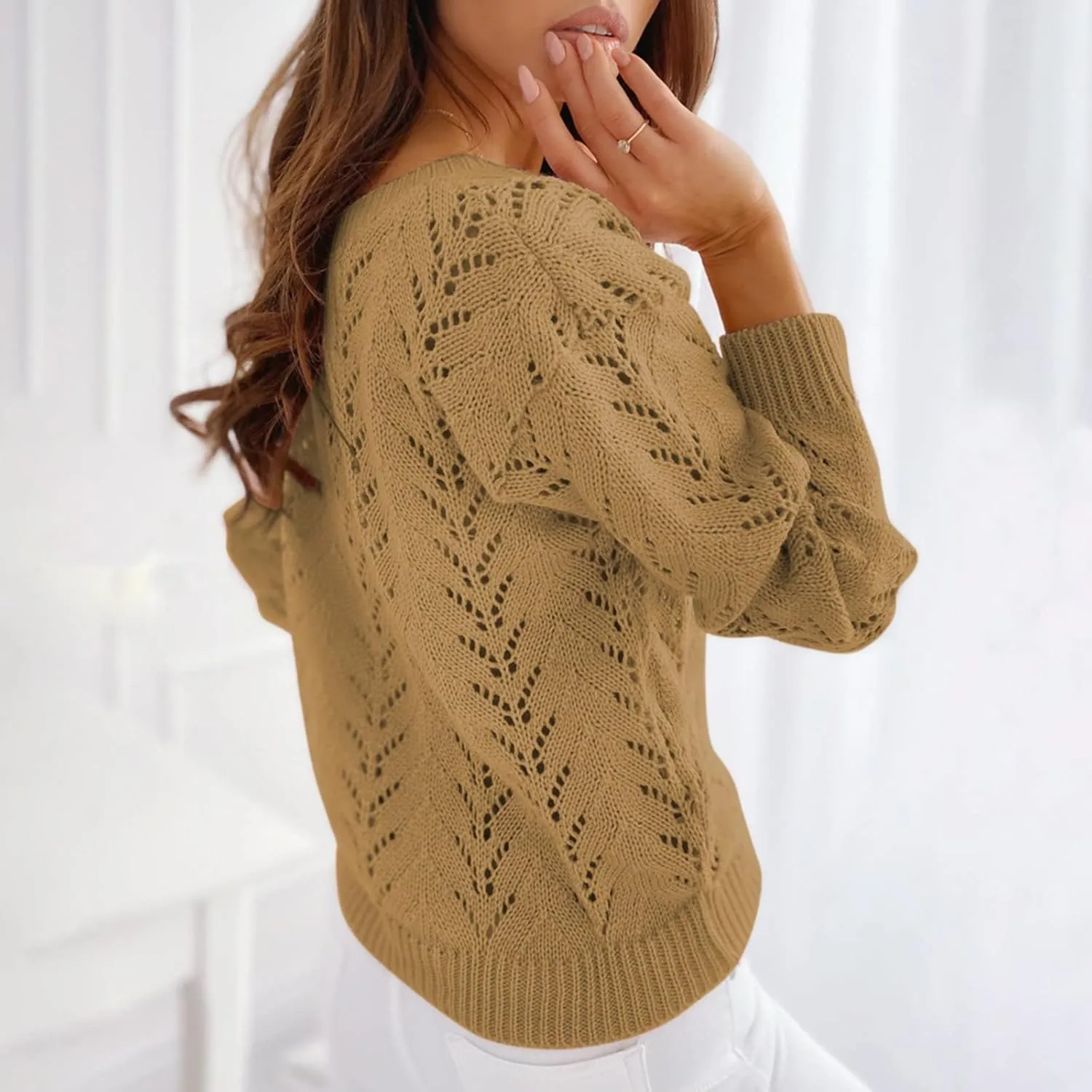 Women's Casual Trendy Solid Color V-Neck Cable Knit Hollow Out Sexy Sweater, S-3XL