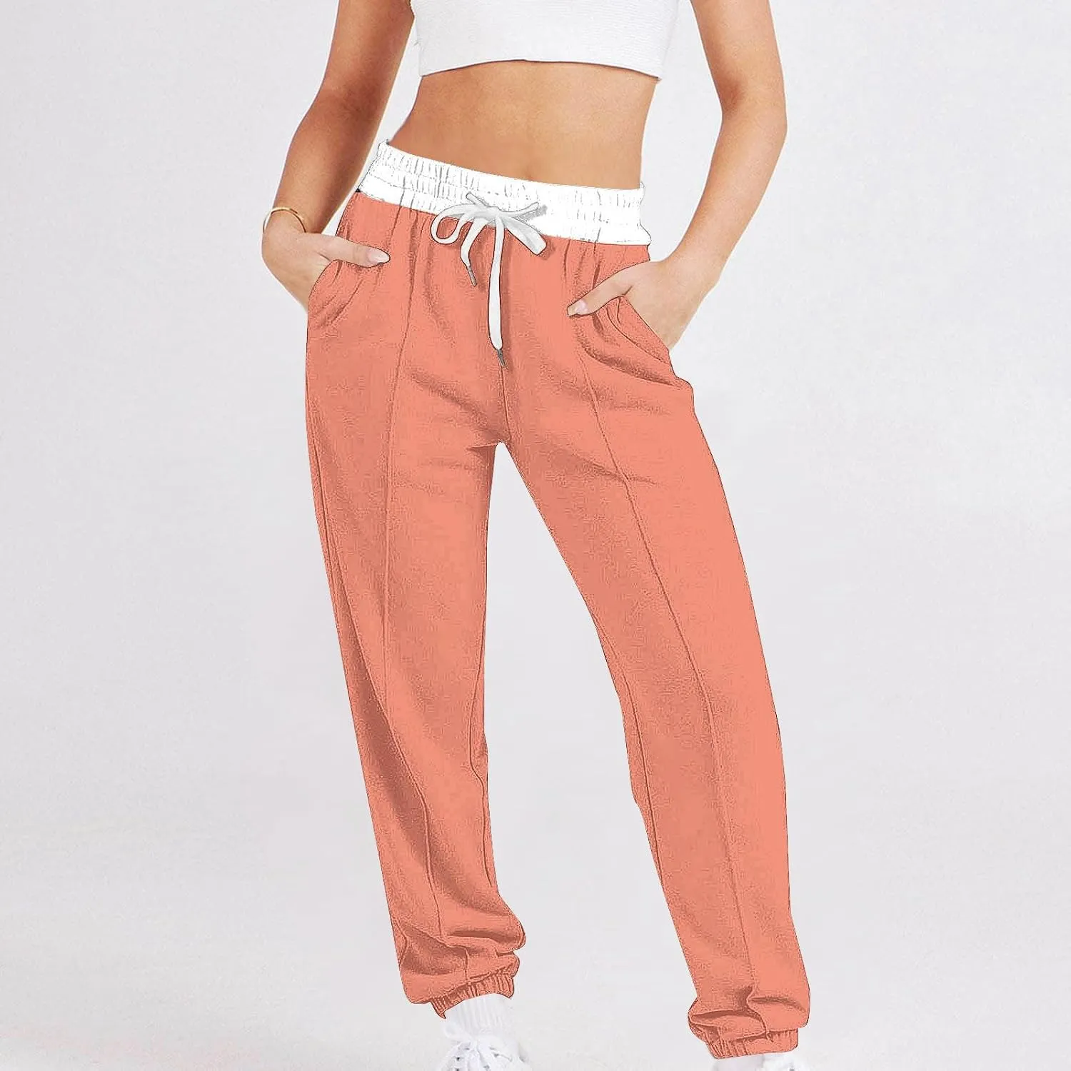 Women's Color Block Sweatpants Drawstring Cinch Bottom Joggers Lounge Fall Fashion Track Running Pants with Pockets