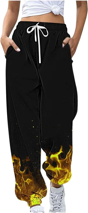 Women's Cool Fire Printed Joggers Pants 3D Novelty Casual Sweatpants 2024 Fall Cinch Bottom Athletic Lounge Trousers