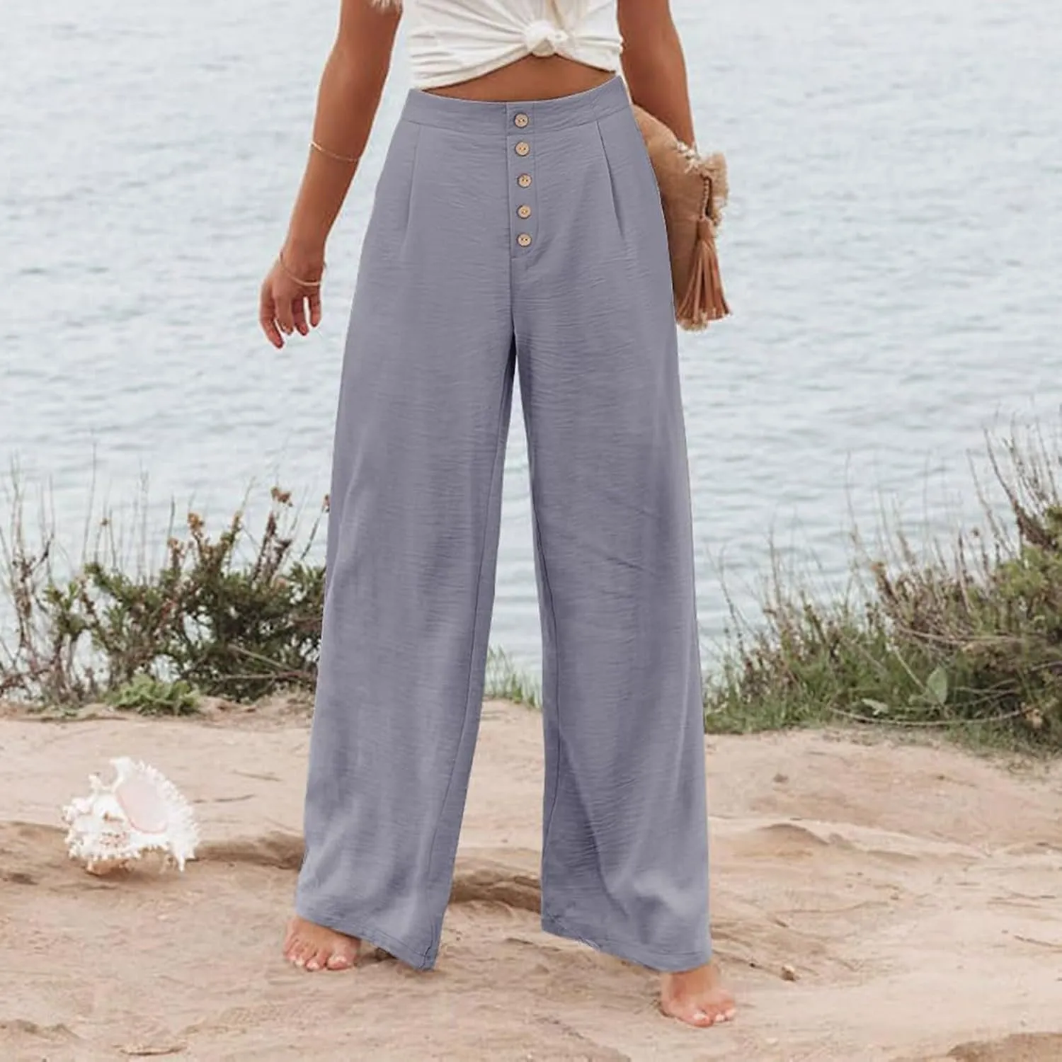 Womens Cotton Linen Palazzo Pants High Waist Wide Leg Button Fly Trousers Summer Casual Comfy Loose Fit Pants for Ladies