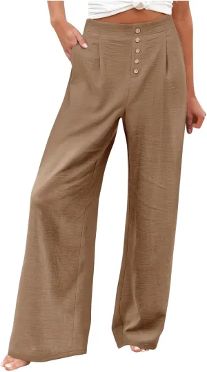 Womens Cotton Linen Palazzo Pants High Waist Wide Leg Button Fly Trousers Summer Casual Comfy Loose Fit Pants for Ladies