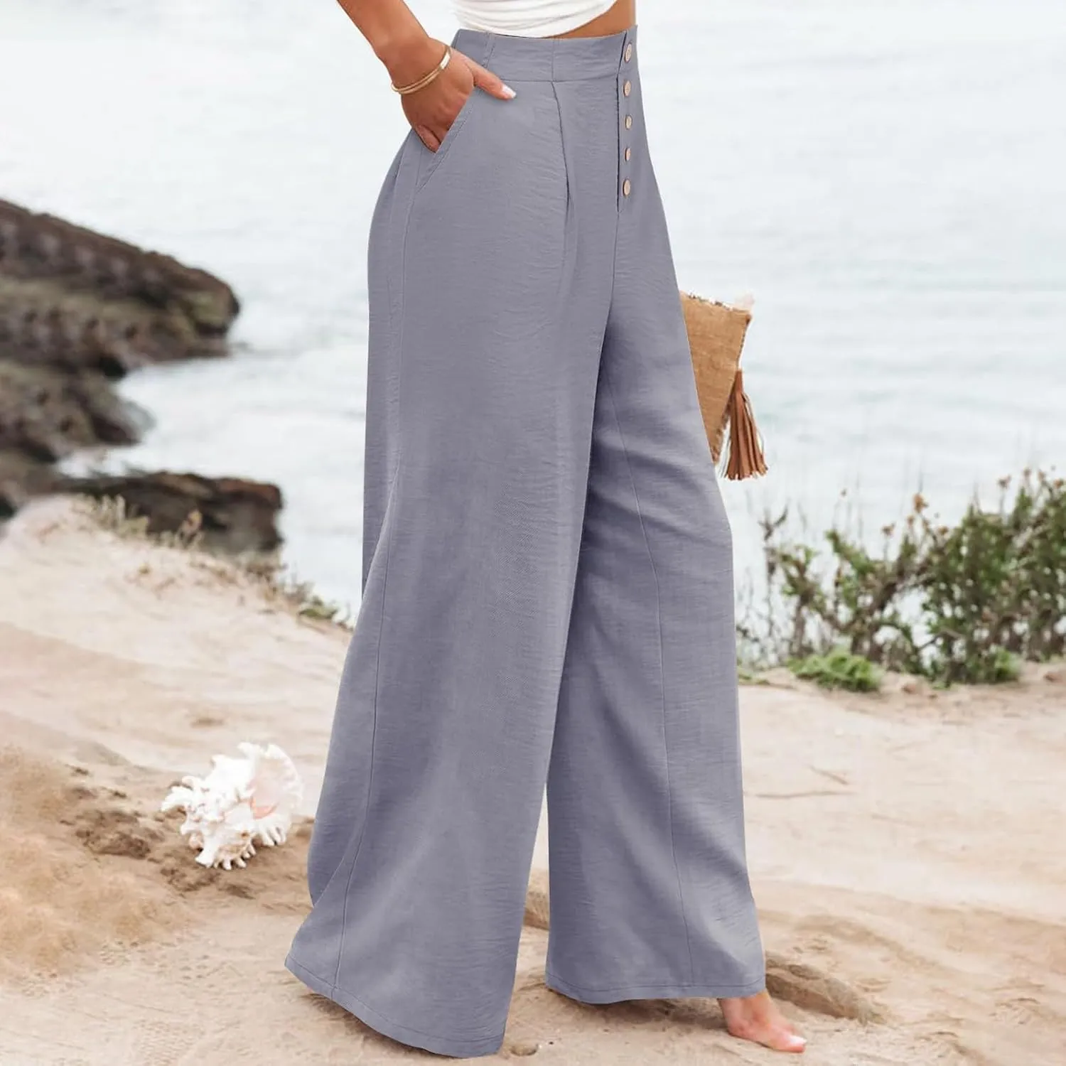 Womens Cotton Linen Palazzo Pants High Waist Wide Leg Button Fly Trousers Summer Casual Comfy Loose Fit Pants for Ladies