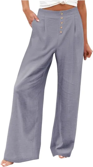 Womens Cotton Linen Palazzo Pants High Waist Wide Leg Button Fly Trousers Summer Casual Comfy Loose Fit Pants for Ladies