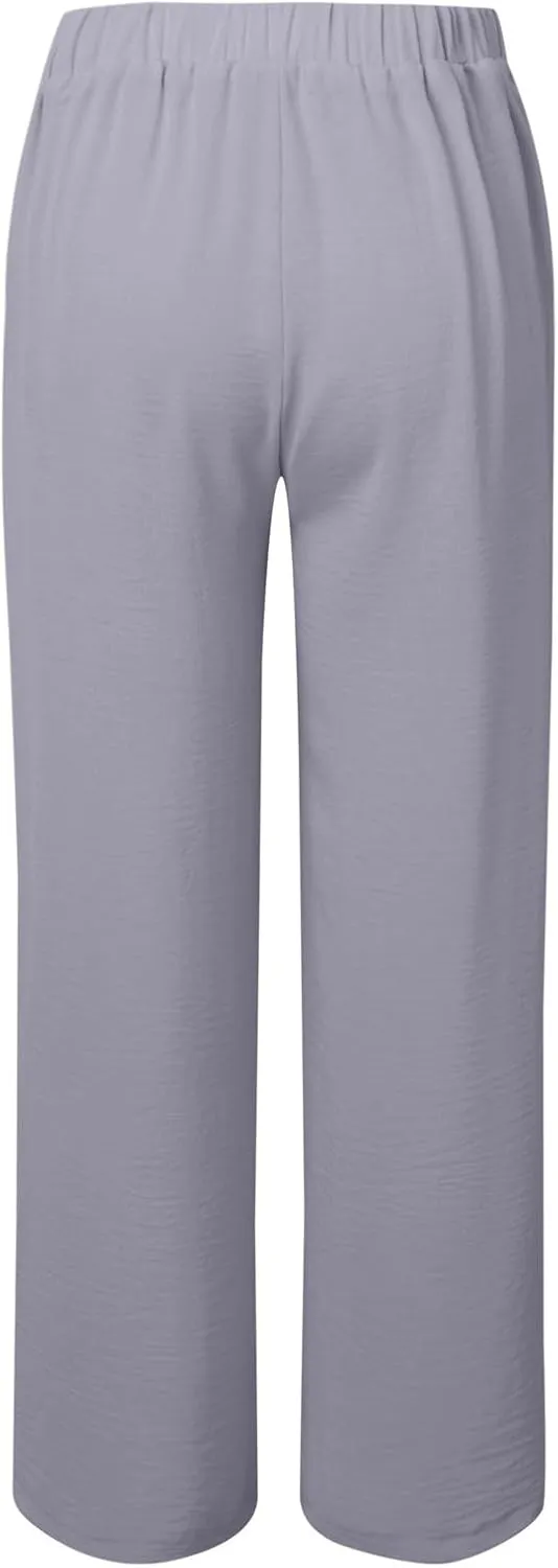 Womens Cotton Linen Palazzo Pants High Waist Wide Leg Button Fly Trousers Summer Casual Comfy Loose Fit Pants for Ladies