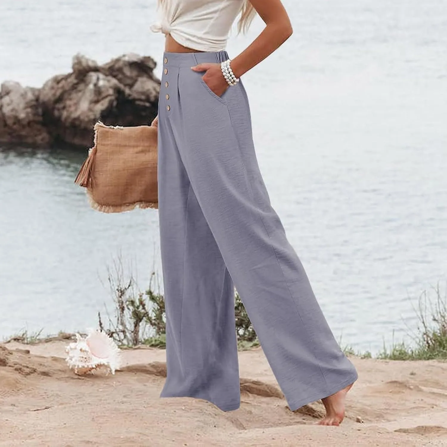 Womens Cotton Linen Palazzo Pants High Waist Wide Leg Button Fly Trousers Summer Casual Comfy Loose Fit Pants for Ladies