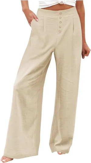 Womens Cotton Linen Palazzo Pants High Waist Wide Leg Button Fly Trousers Summer Casual Comfy Loose Fit Pants for Ladies