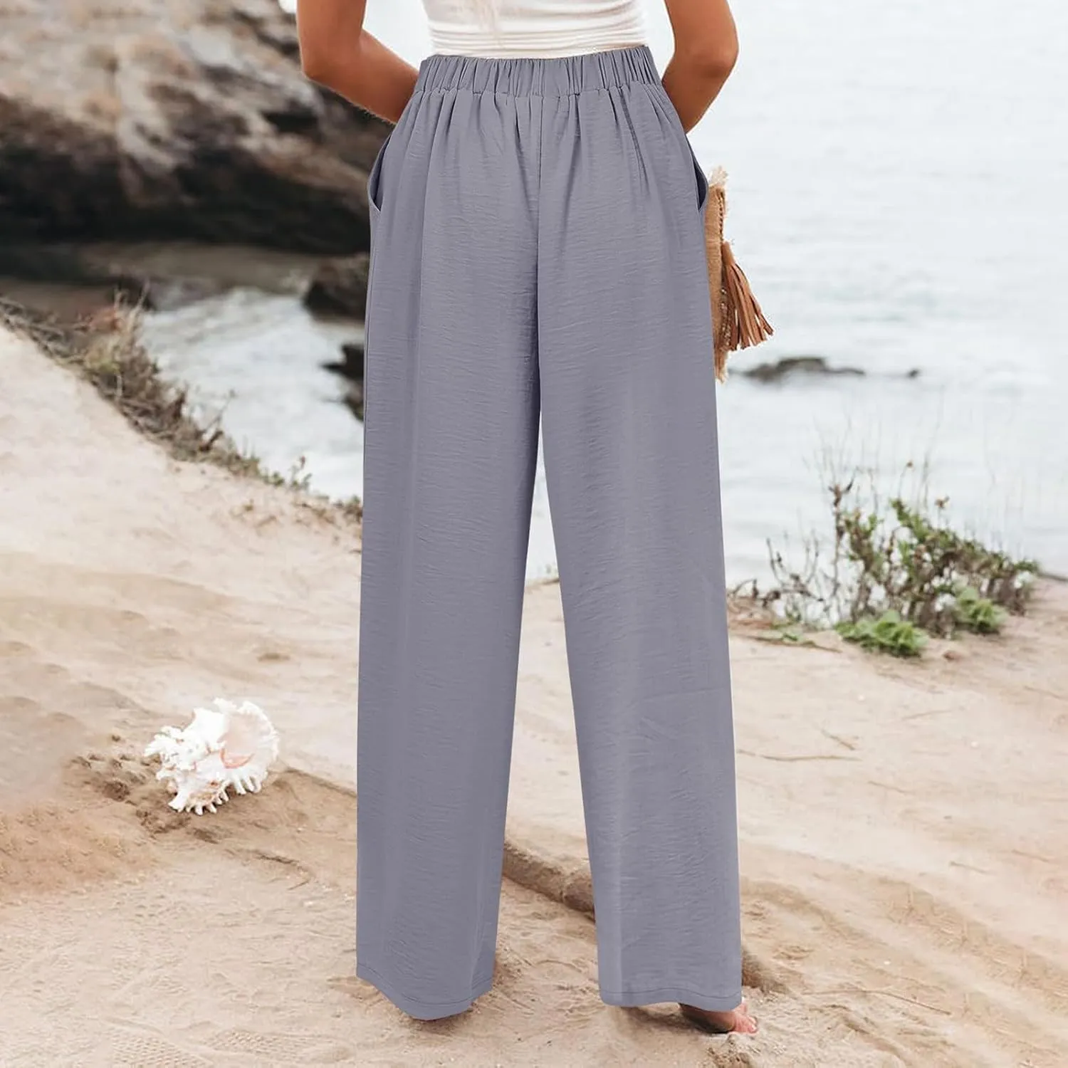 Womens Cotton Linen Palazzo Pants High Waist Wide Leg Button Fly Trousers Summer Casual Comfy Loose Fit Pants for Ladies