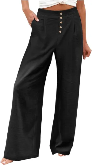 Womens Cotton Linen Palazzo Pants High Waist Wide Leg Button Fly Trousers Summer Casual Comfy Loose Fit Pants for Ladies