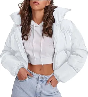 Women's Cropped Puffer Jacket 2024 Winter Long Sleeve Zip Parkas Pockets Baggy Short Down Coats Warm Quilted Jacket