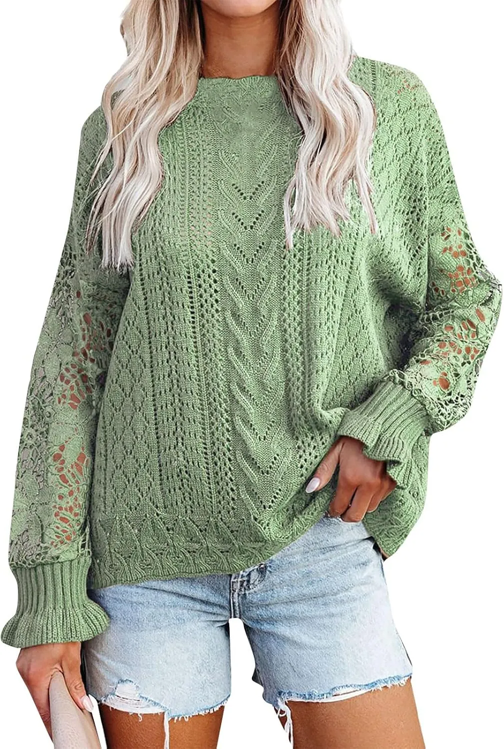 Women's Cute Sweaters Fall Winter Casual Trendy Crew Neck Flare Sleeve Cutout