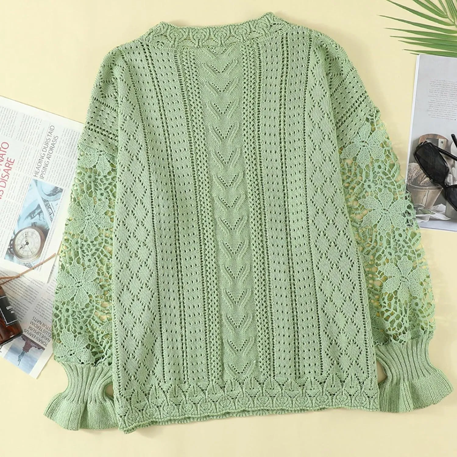Women's Cute Sweaters Fall Winter Casual Trendy Crew Neck Flare Sleeve Cutout