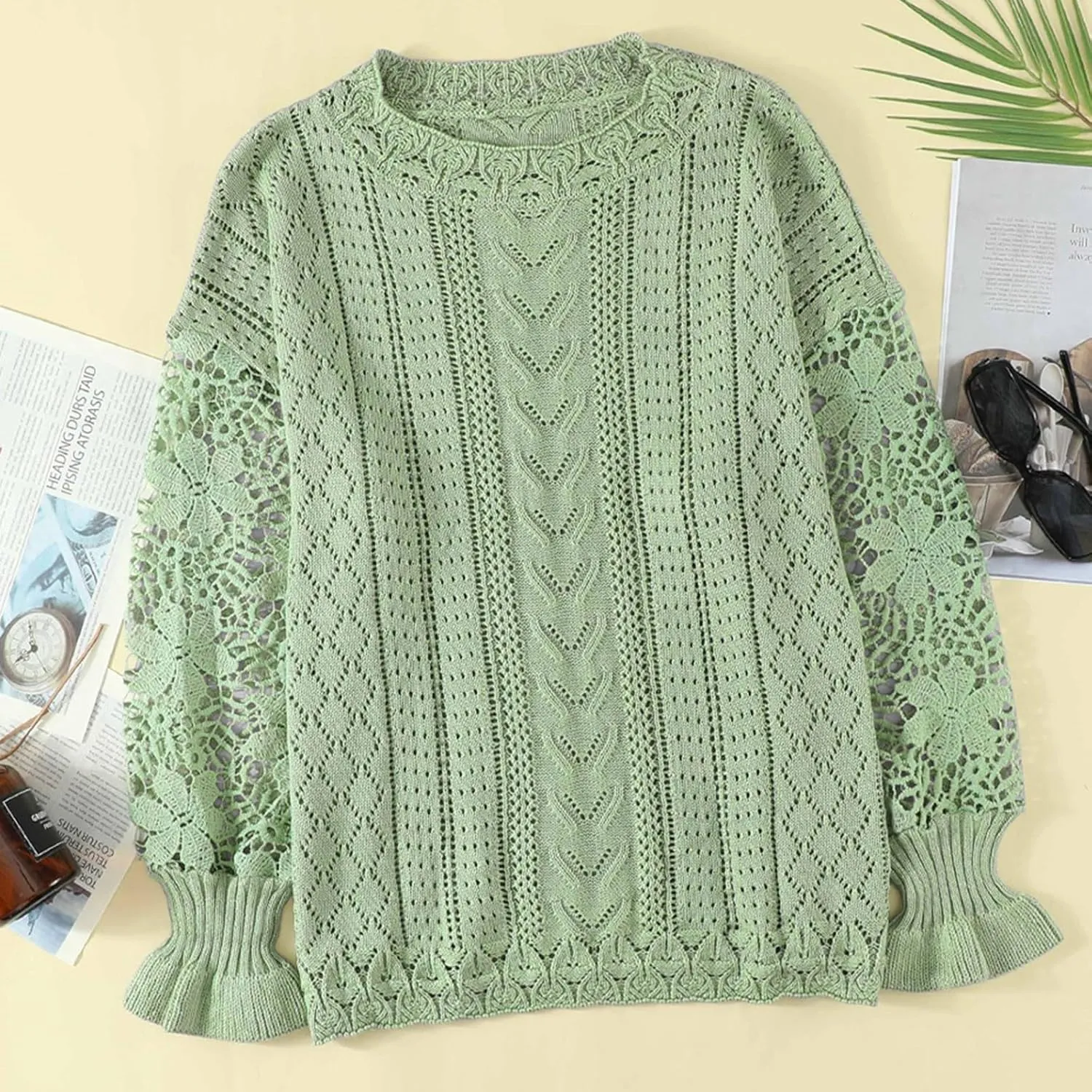 Women's Cute Sweaters Fall Winter Casual Trendy Crew Neck Flare Sleeve Cutout