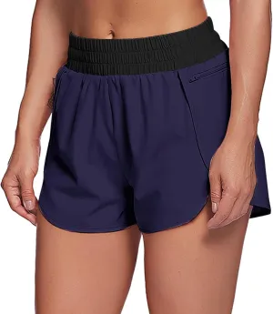 Womens Elastic High Waisted Athletic Shorts Tummy Control Running Workout Gym Short with Zip Pockets Summer Casual Yoga Short