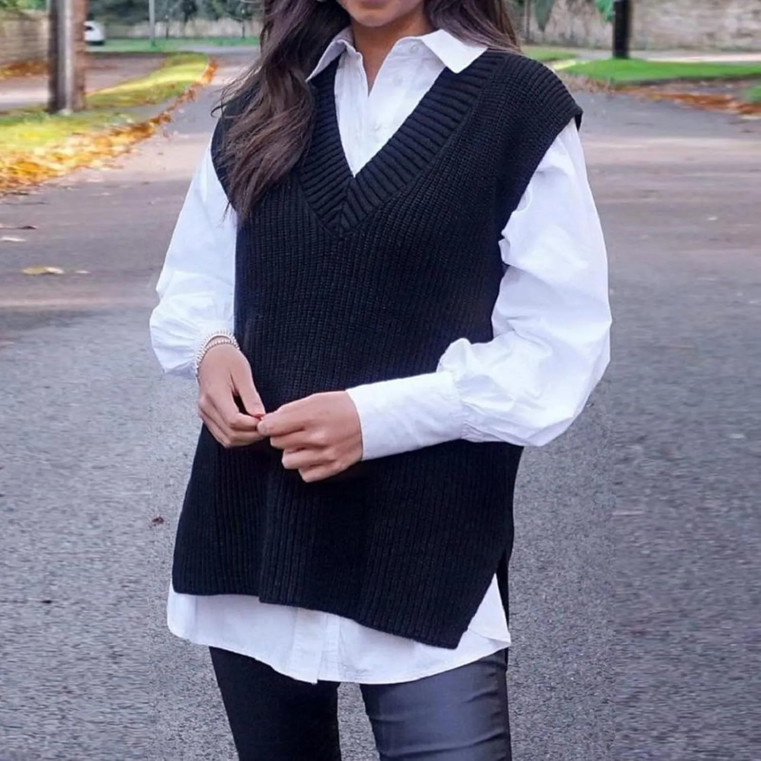 Women's Fall Winter Casual Trendy V-Neck Sleeveless Cable Knit Sweater Vest