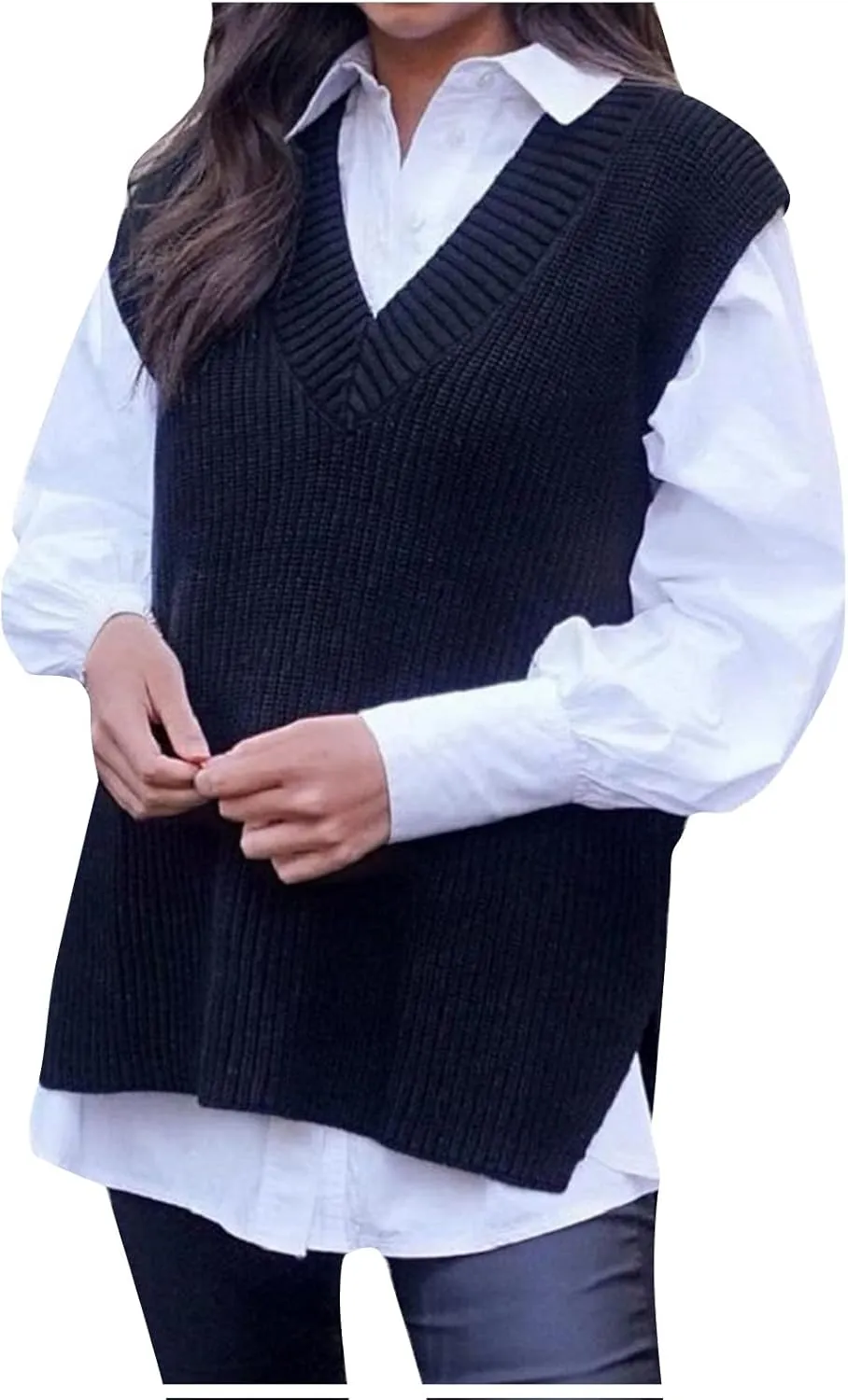 Women's Fall Winter Casual Trendy V-Neck Sleeveless Cable Knit Sweater Vest