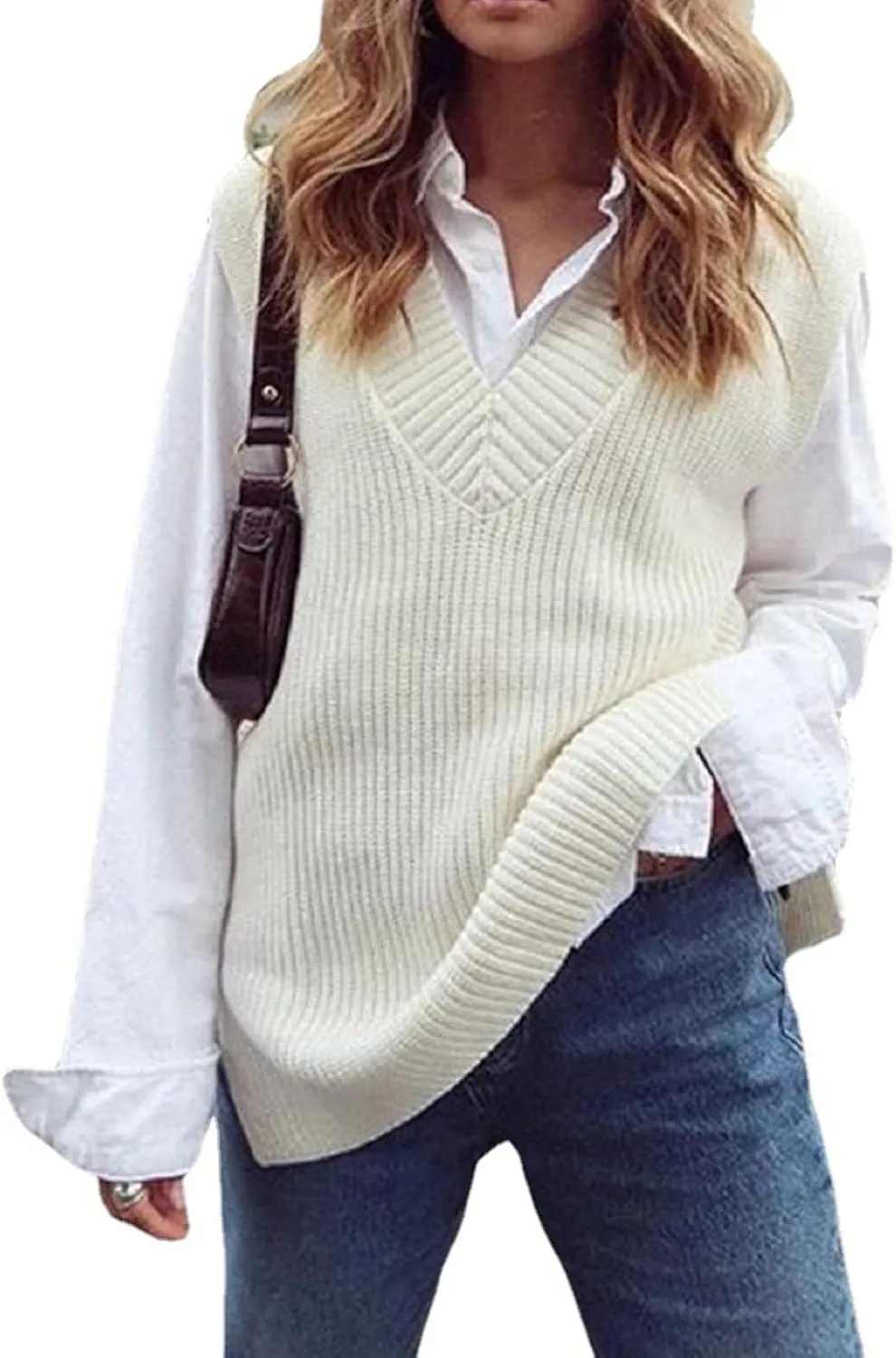 Women's Fall Winter Casual Trendy V-Neck Sleeveless Cable Knit Sweater Vest