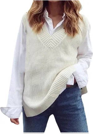 Women's Fall Winter Casual Trendy V-Neck Sleeveless Cable Knit Sweater Vest