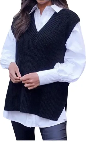 Women's Fall Winter Casual Trendy V-Neck Sleeveless Cable Knit Sweater Vest